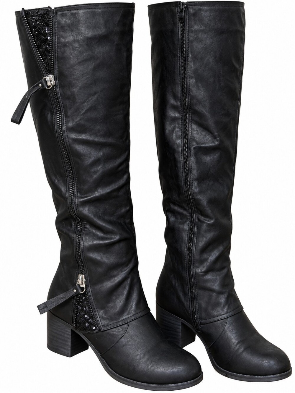 Black Over-the-Knee Zip Boots with Sequin Accent